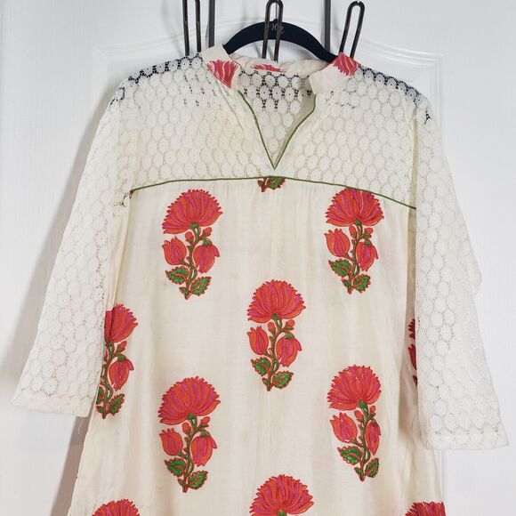 Womens Cream Kurta Top Large Lace Floral Embroidered Bohemian Straight Tunic - Picture 12 of 16